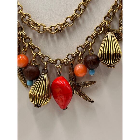Yochi NY Signed Red Blue Starfish Faux Coral Turquoise Glass Statement Necklace - Picture 3 of 10